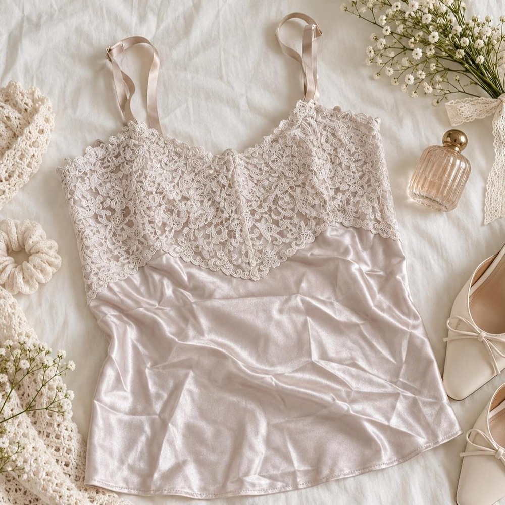 Satin lace cami Y2K champagne lace trim cami Cabernet size small